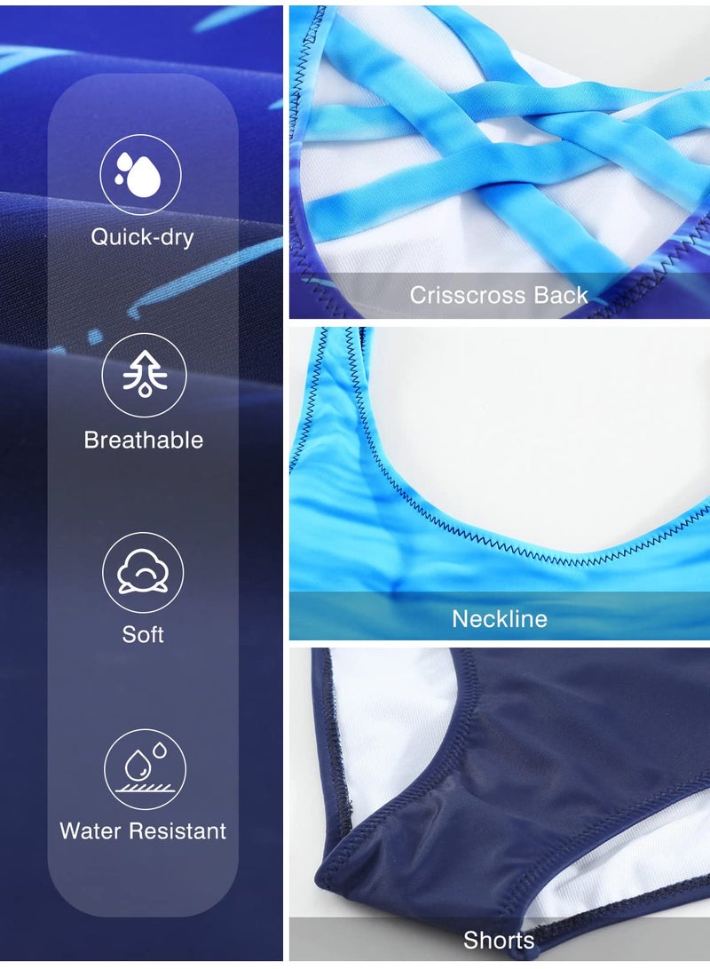 Aleumdr Women's One Piece Swimwear Swimsuits Bathing Suits Sexy Criss Cross Back Tummy Control Sports Active Monokini Plus Size One Piece Blue 2XL - Image 5